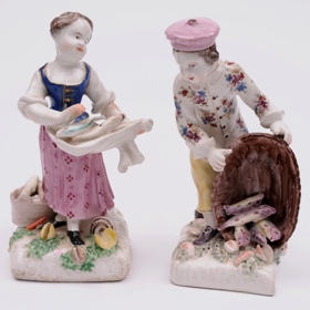 two early bow porcelain figures of fish sellers circa 1755-62
